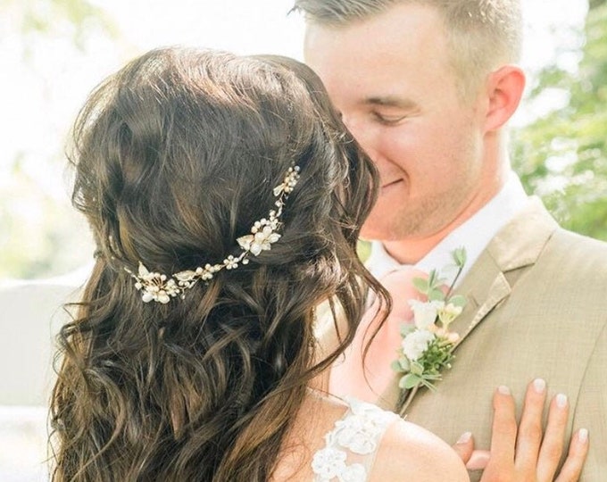 Bohemian Hair Vine With Blush Pearl And Off White Flowers, Features Rhinestone and Leaf accents, Perfect For Your Boho Bride