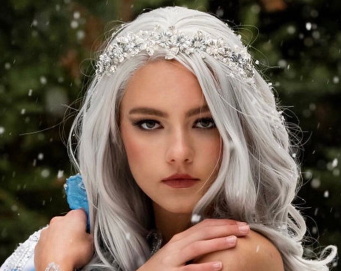 Silver Head Piece With Gunmetal Colored Flowers, Rhinestone And Pearl Accents