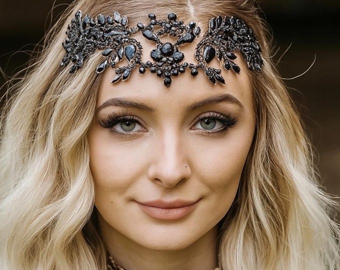 Black Wedding Hair Accessory With Crystals, Perfect For The Art Deco Bride
