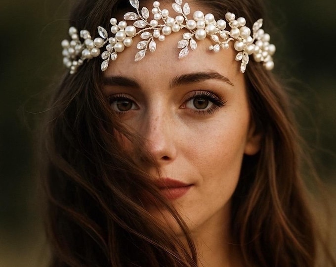 Thick Hair Accessory With Pearls & Marquise Rhinestones – Silver Wedding Headpiece, Boho Hair Vine