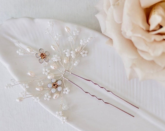 Baby's Breath Hair Pin With Delicate Flower Accents, Rose Gold Or Clear Crystals