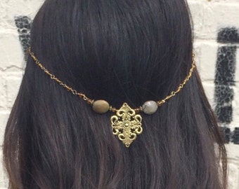 Antique Gold Hair Accessory - Bronze Beaded Hair Chain