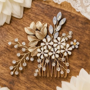 Gold Flower Hair Comb With Delicate White Flowers And Crystal Accents, Wedding Hair Accessory