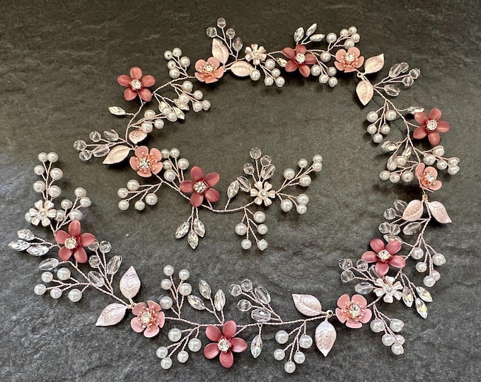 Desert Rose & Dusty Mauve Flower Hair Vine To Match Your Spring wedding Colors, Hair Accessory With Custom Flower Colors