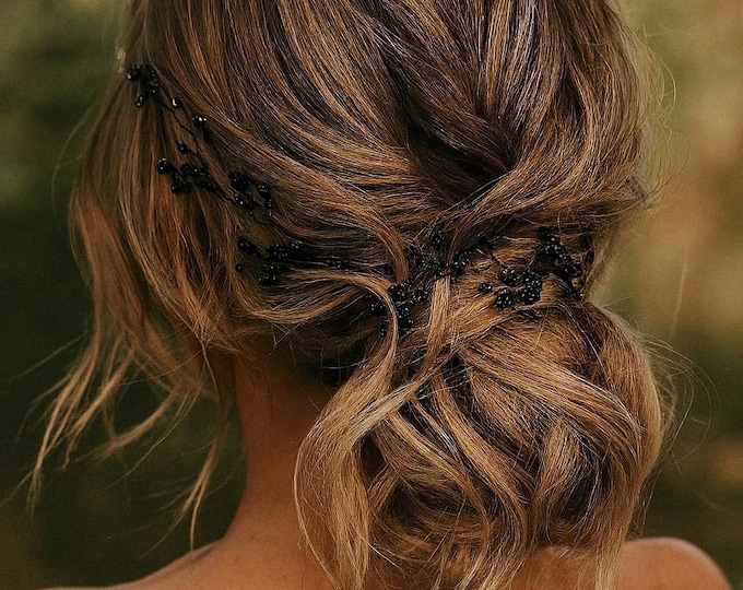 Black Beaded Babies Breath Hair Vine – Bridal Hair Accessory for Black Weddings