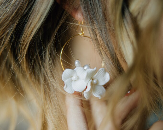 Hoop Earrings With Porcelain Flowers, Bridal Earrings In Gold Or Silver