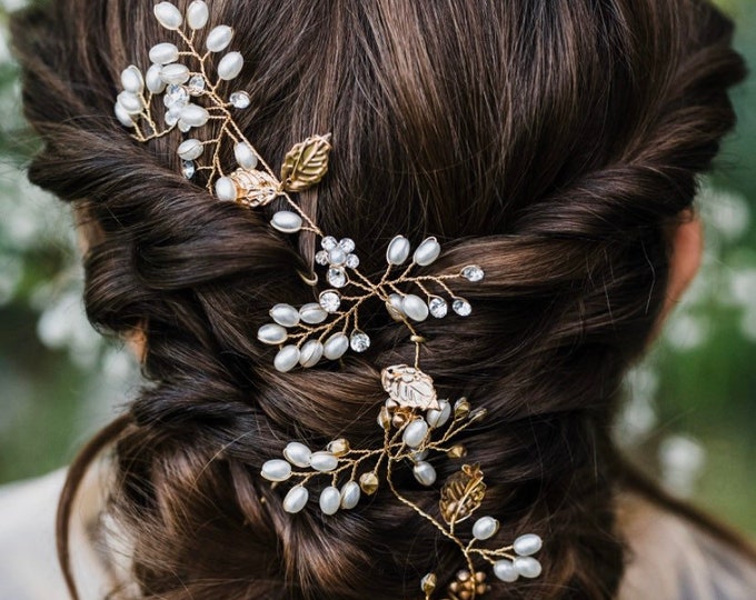 Pearl Hair Vine With Gold Leaves And Rhinestone Accents. Matching Hair Pin, Wedding Hair Accessories