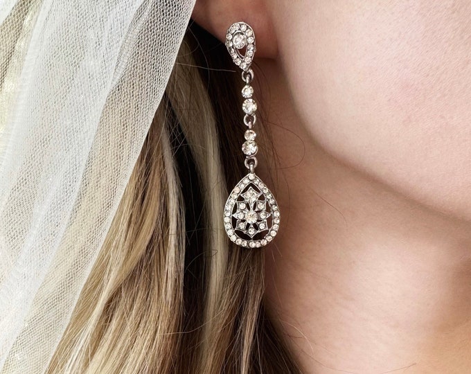 Silver Teardrop Rhinestone Earrings