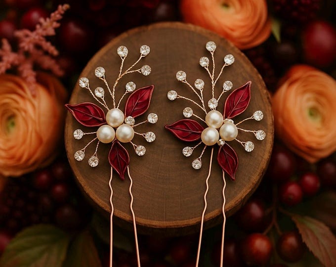 Burgundy Leaf Hair Pins – Personalized Wedding Hair Accessories, Custom Wine Colors