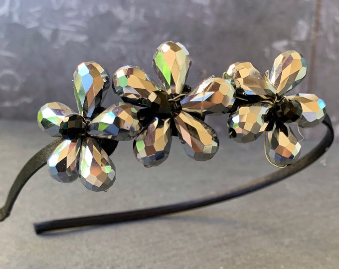 Black Headband With Silver Metallic Flowers