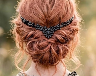 Black Clip-In Crystal Hair Chain, Silver, Black  & Gold Wedding Hair Jewelry
