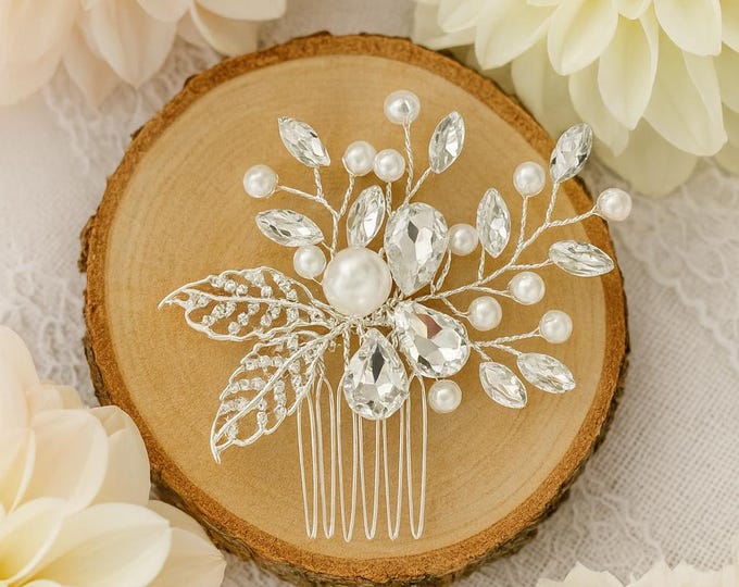 Small Hair Comb With Beautiful Silver Leaves And Rhinestones