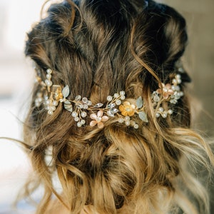 Terracotta Flower Hair Vine, Fall Wedding Colors, Bridal Hair Jewelry, Customizable Flower Colors Custom Gold/Email Me