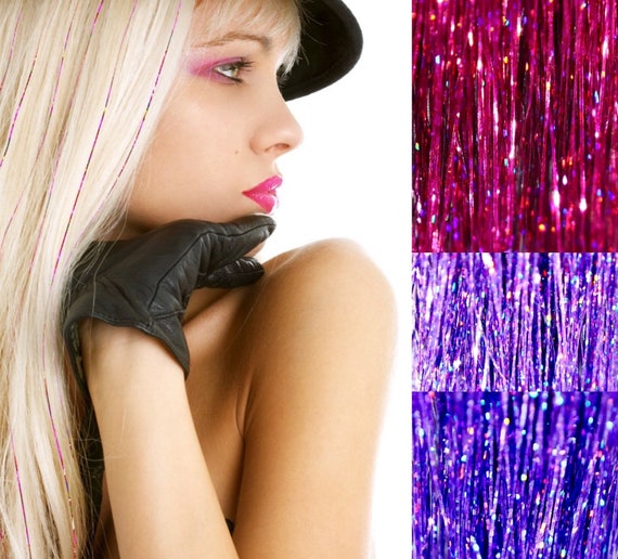 FUCHSIA Hair Tinsel, Glittery Fuchsia Hair Extensions. Shiny Hair