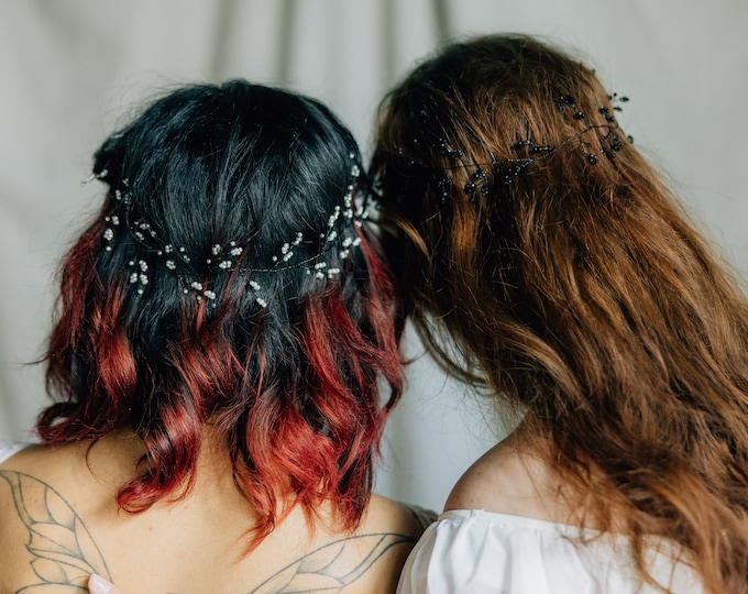 Black Crystal And Pearl Hair Vine, Baby's Breath hair Accessory