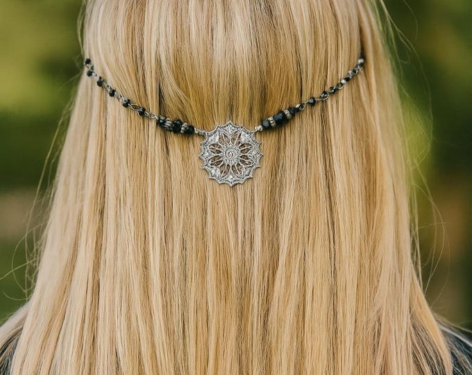 Hair Chain Jewelry For Prom, Silver And Black Hair Accessory, Light Weight Hair Chain