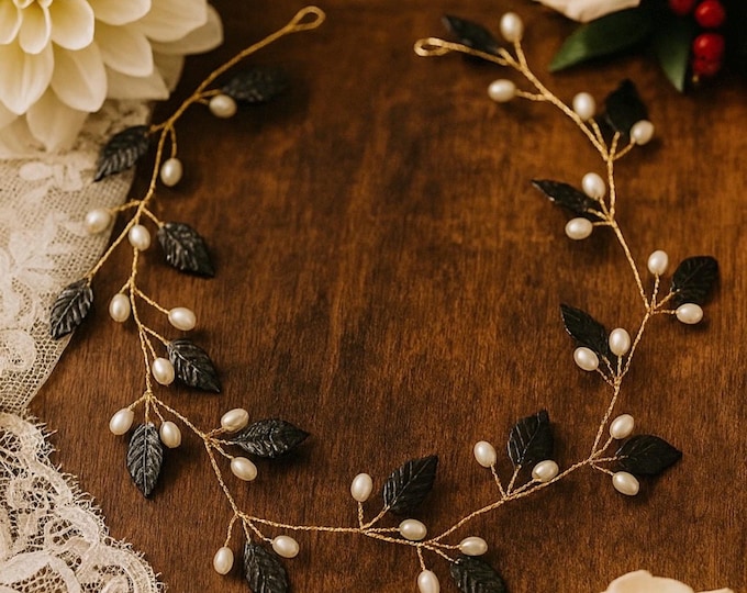 Black Leaf Hair Vine, Custom Shades for Bridal & Prom |Nature Inspired Leaf Headband, Boho Rustic Wedding
