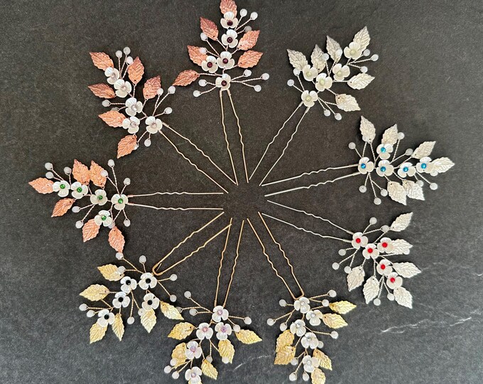 Custom Colored Leaf Hair Pins With Personalized Rhinestone Colors, Flower Accents