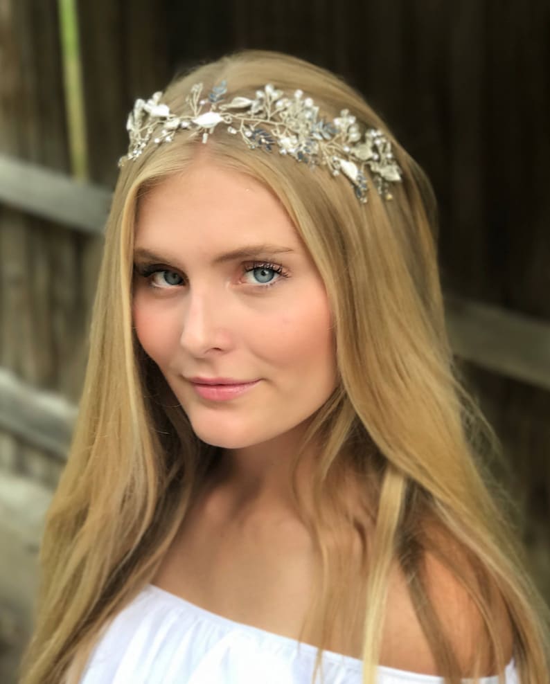 Hand Beaded Bridal Hair Vine Features Rhinestones Delicate Leaves and Accent Pearls