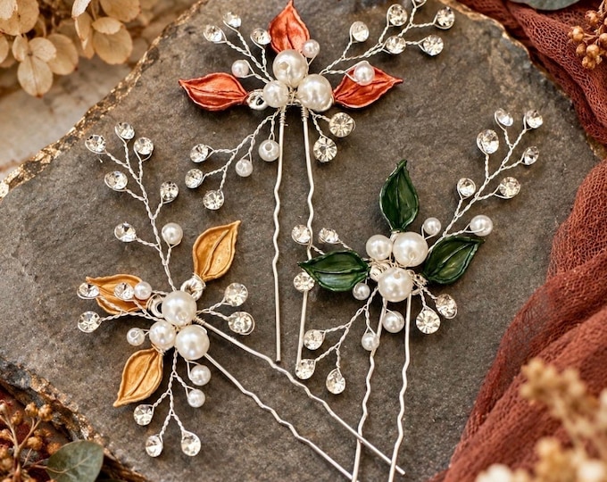 Custom Handcrafted Leaf Hair Pins – Personalized Wedding Hair Accessories, Rustic Fall Colors