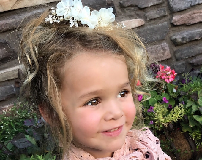 Flower Girl Hair Comb With Soft White Chiffon Flowers