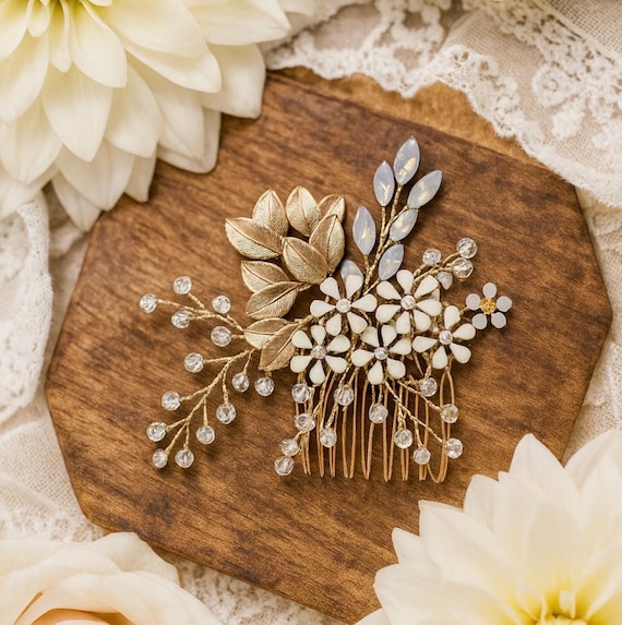 Gold Floral Bridal Hair Comb with White Flowers Silk White Flower Bridal Hair Comb, Wedding Floral Gold  main image 3
