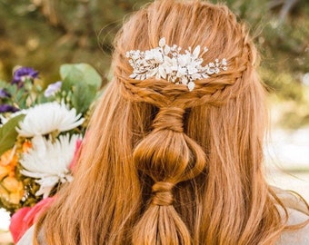 Wedding Hair Comb Hand-crafted with beautiful Off White Flowers, Rhinestone Leaves And Pearl Baby's Breath Accents