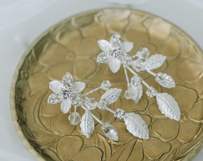 Boho Flower Earrings With Silver Leaves And Rhinestones, Bohemian Wedding Earrings, Multiple colors