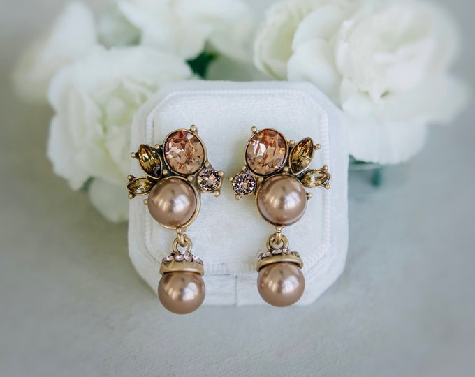 Rose Gold And Champagne Colored Pearl Earring With Rhinestones