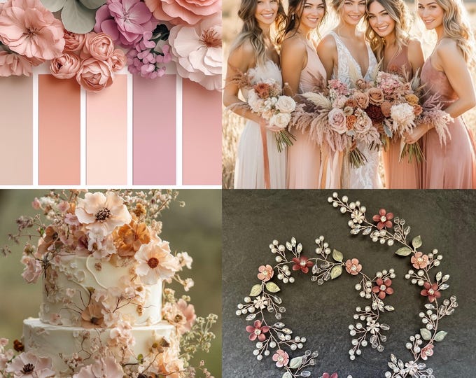 Desert Rose & Dusty Mauve Flower Hair Vine To Match Your Spring wedding Colors, Hair Accessory With Custom Flower Colors