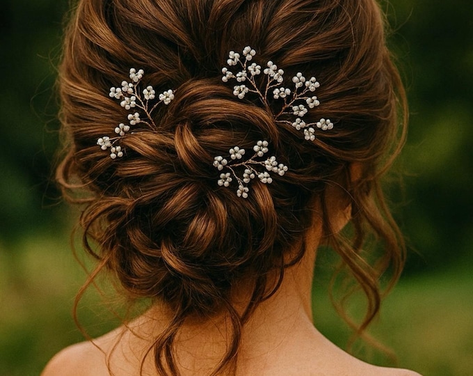 Bridal Baby’s Breath Hair Pins – Pearl Flower Pins for Wedding Updos, Sold In Sets