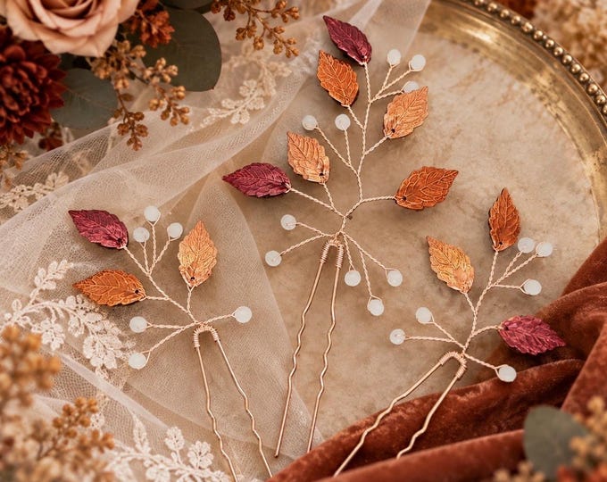 Fall Leaf Hair Pins – Bridal & Boho Wedding Hair Accessories, Custom Colors