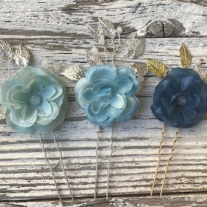 Blue And Seafoam Green Colored Flower Hair Pins, Silver Or Gold Leaves, Wedding Hair Accessory, Perfect For Brides Maids Or Flower Girl