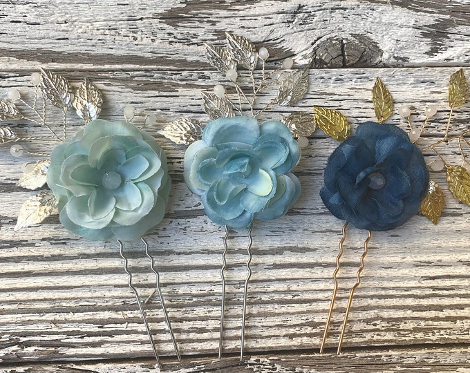Blue And Seafoam Green Colored Flower Hair Pins, Silver Or Gold Leaves, Wedding Hair Accessory, Perfect For Brides Maids Or Flower Girl