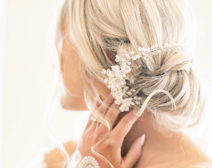 Silver Hair Vine With Beautiful Flower Accents On Each Side, Wedding Hair Accessory