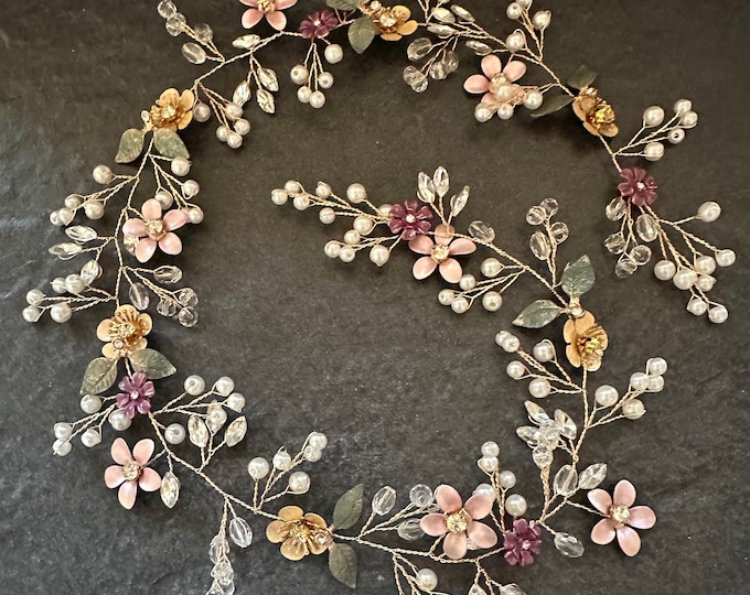 Pink And Purple Flower Hair Vine To Match Your Spring wedding Colors, Hair Accessory With Custom Flower Colors