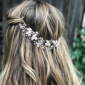 Boho Head Piece For The Hippie Flower Girl, Hair Accessory With White Gold Leaves And Flowers