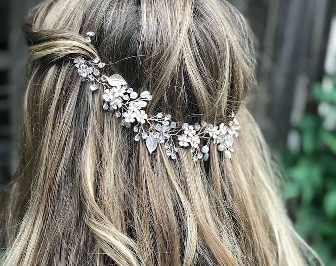 Boho Head Piece For The Hippie Flower Girl, Hair Accessory With White Gold Leaves And Flowers