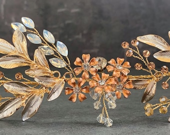 Custom Bridal Hair Accessory With Custom Colored Metal Flowers And Leaves, Perfect For A Spring Bride