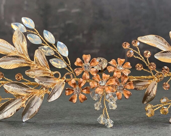 Custom Bridal Hair Accessory With Custom Colored Metal Flowers And Leaves, Perfect For A Spring Bride