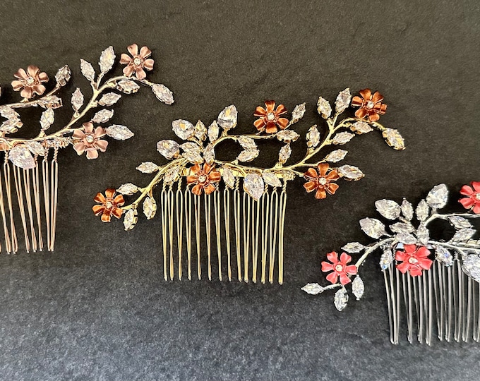 Marquise Crystal Hair Comb With Custom Colored Flowers To Match Your Wedding Pallet