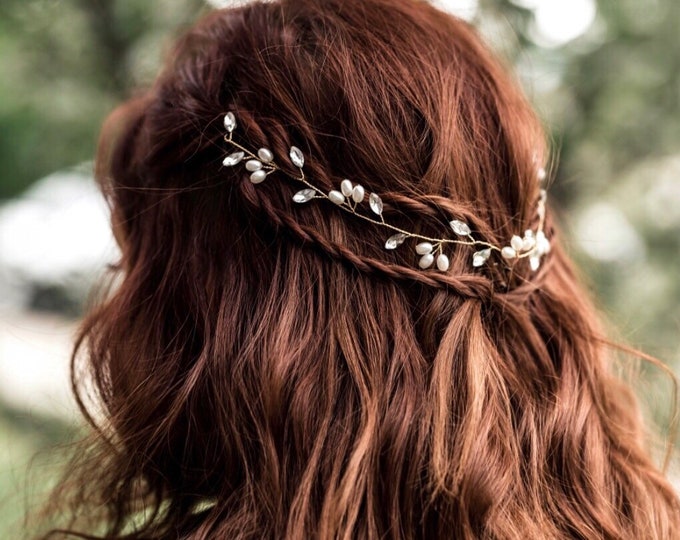 Dainty Hair Vine With Marquise Rhinestones And Pearls, Gold Wedding Hair Accessory