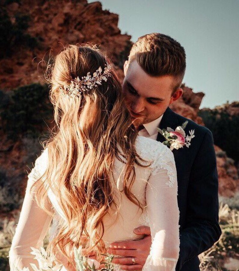 Hand Beaded Bridal Hair Vine Features Rhinestones Delicate Leaves and Accent Pearls