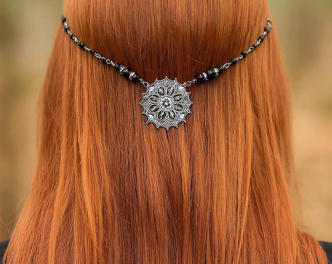 Black Beaded Festival Hair Jewelry, Clip -In Hair Chain