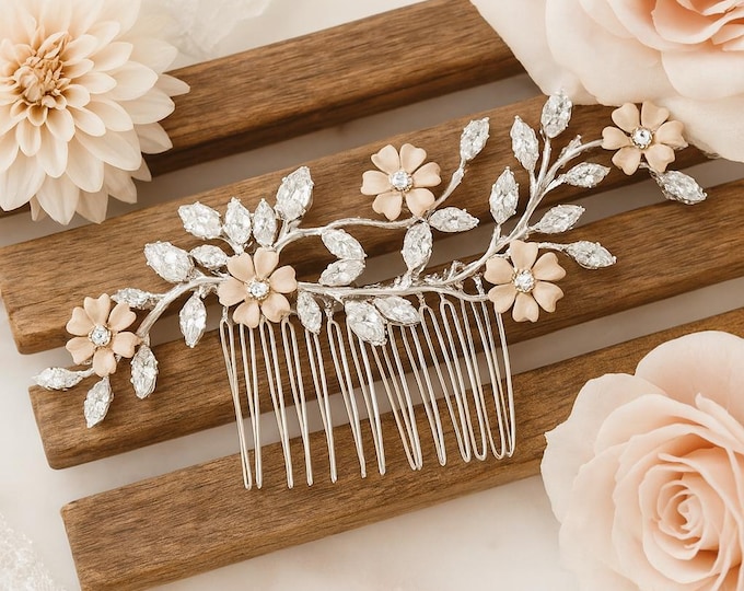 Hair Comb with Customizable Flowers to Match Your Wedding Palette, Marquise Crystal Stones