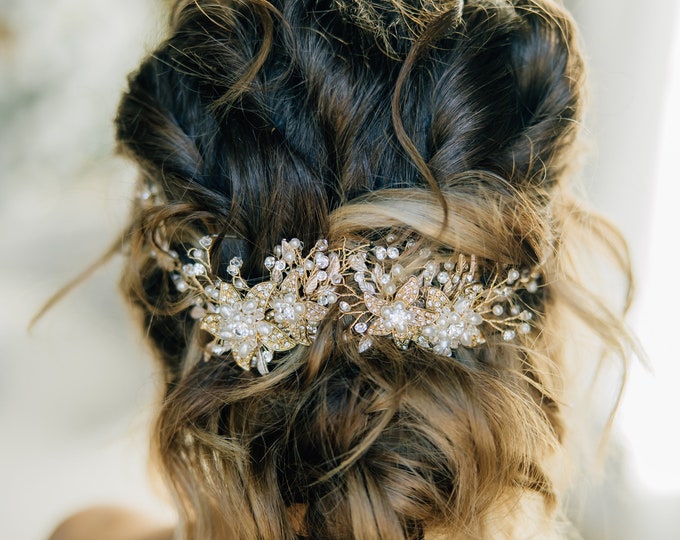 Bridal Hair Adornment: Hair Accessory With Rhinestone Flowers, Leaves, And Pearl Accents