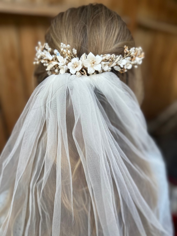 Bridal Hair Piece With Porcelain Flowers Accent Leaves Pearls and