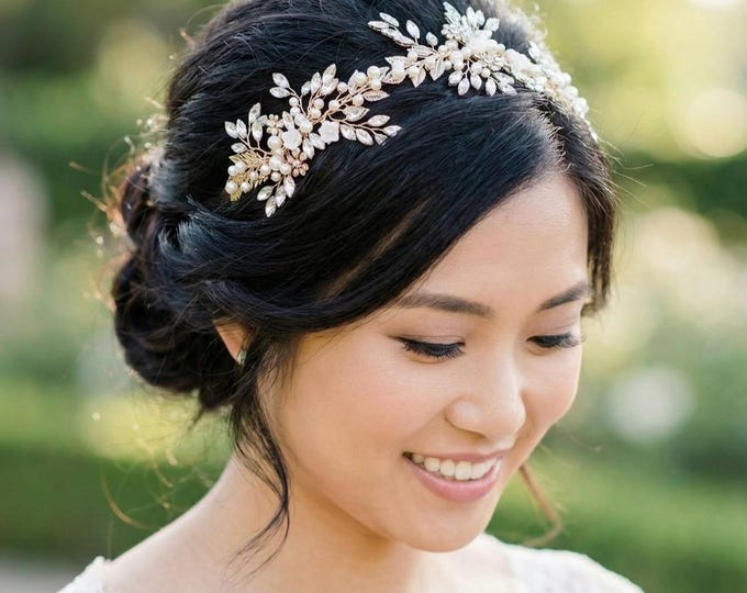 Antique Gold Hair Accessory, Rhinestone Wedding Hairpiece, Crystal Leaf Hair Vine with Pearls & Flowers, Silver Bridal Headband