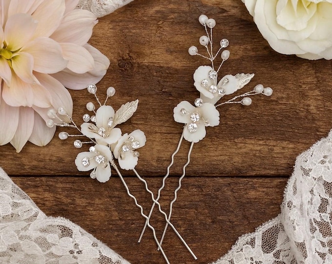 Set of 2 Bridal Hair Pins with White Porcelain Flowers & Rhinestones | Wedding Hair Accessories