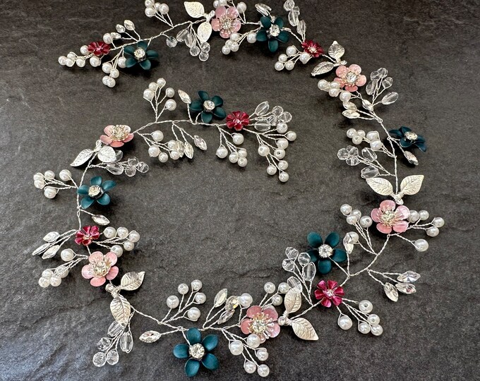 Winter Wedding Hair Vine With Custom Flower Colors To Match Your Emerald Green Wedding